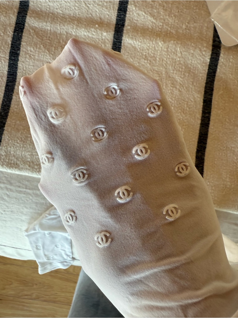 CHANEL Cream Embroidered CC tights